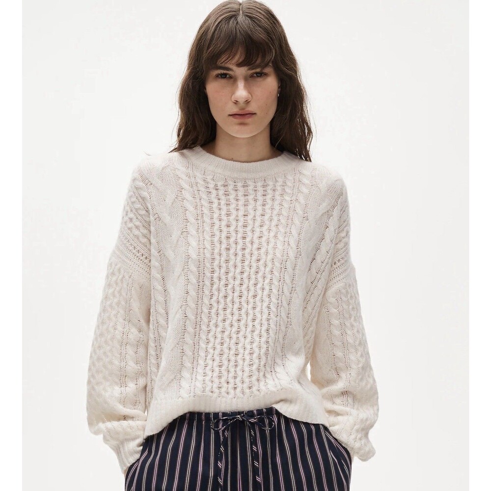 J Crew Cashmere cable-knit blouson-sleeve relaxed fit sweater Snow size L NWT - Picture 2 of 15